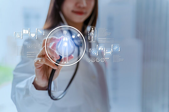 Doctor with patient diagnosis graph virtual screen interface, Healthcare and futuristic technology concept