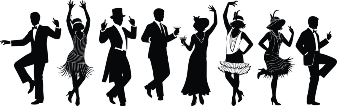 Art & Illustration1920s retro party dancers silhouette, elegant men and women in vintage fashion, dancing poses perfect for Gatsby, jazz, and swing designs1920s retro party dancers silhouette