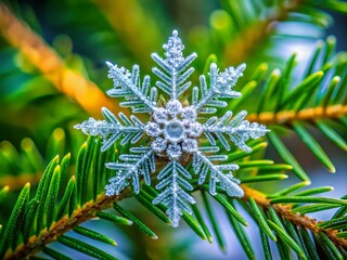 Closeup of a delicate snowflake on a pine branch, capturing the beauty of winter season
