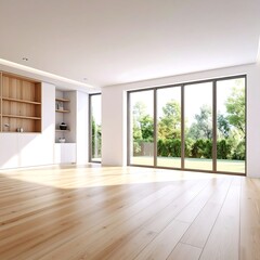 Fototapeta premium Modern Empty Room with Hardwood Floors and Large Windows