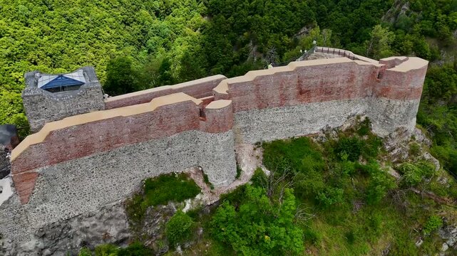 Drone footage of the Poenari Castle (Cetatea Poenari), situated on top of a mountain in Romania