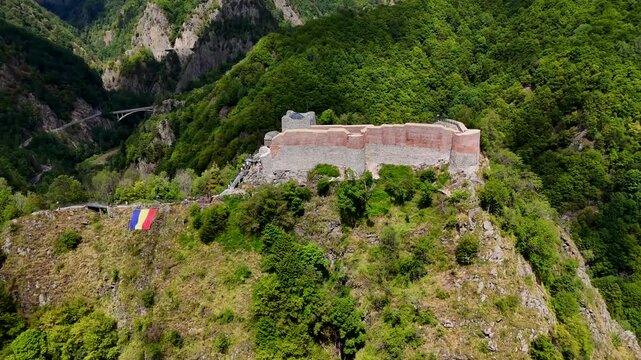 Aerial footage of the historic Poenari Castle, situated on top of a mountain in Romania