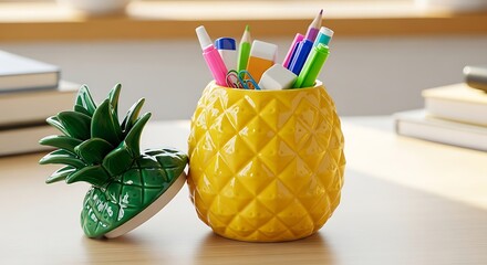 Brighten your desk with this adorable pineapple pen holder filled with colorful pencils, pens, and erasers for a fun and organized workspace