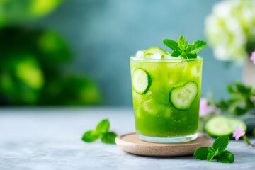 Refreshing iced matcha tea with cucumber and mint healthy summer beverage