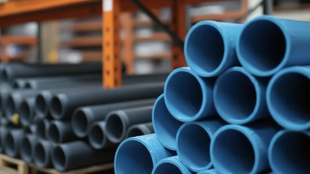 Stack of blue PVC pipes ready for plumbing projects in a warehouse setting