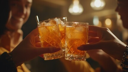 Friends toasting cocktails at a dimly lit bar