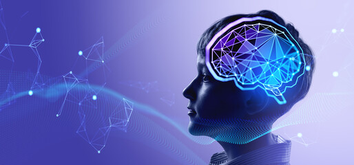 Profile of a smart boy with a digital brain network overlay in f