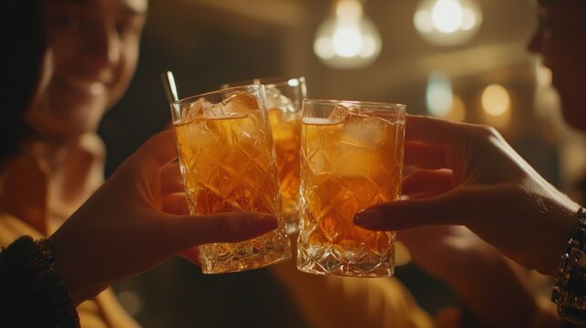 Friends toasting cocktails at a dimly lit bar