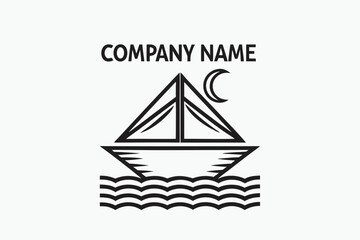 Minimalist Ship Line Art with Moon Logo, Nautical Icon on White Background