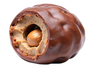Chocolate covered nut with a hole in the middle  isolated on white background ,PNG.AI Generated.