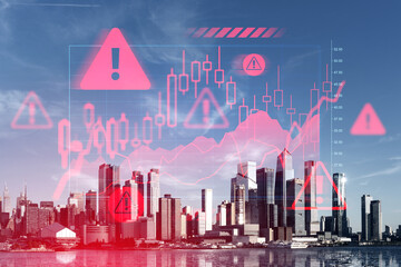 Financial risk concept over Manhattan Hudson Yards skyline with stock market warning symbols and charts overlayed in futuristic graphic style.