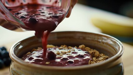Pouring a Berry Smoothie Bowl Topped with Granola and Sliced Bananas for a Healthy Vegetarian Breakfast Close Up Shot Featuring Rustic Bowl and Smooth Motion Perfect for Food and Nutrition Content