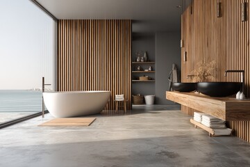 Modern seaside bathroom with light-filled, large windows overlooking the ocean. Wooden wall panels, a freestanding white bathtub, and a modern vanity with dark basins