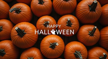 A halloween themed image featuring a collection of pumpkins with happy halloween text overlayed