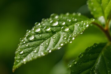 Fresh green leaf with morning dew water drops