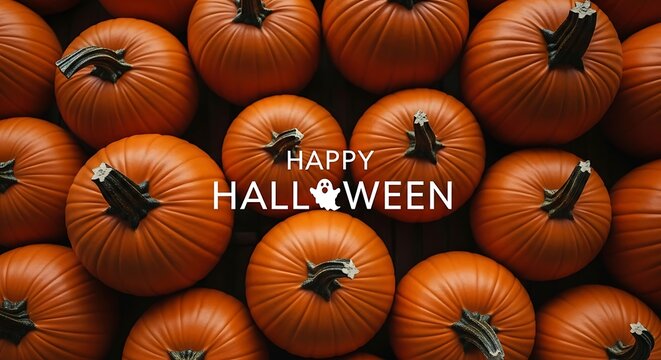 A halloween themed image featuring a collection of pumpkins with happy halloween text overlayed - Powered by Adobe