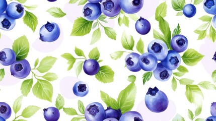 A beautiful watercolor seamless pattern of fresh blueberries with green leaves on white.
