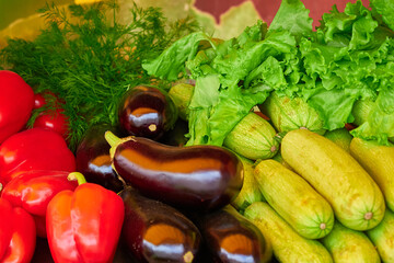 Top view of assorted fresh vegetables including tomatoes, cucumbers, chili peppers, and bell peppers, perfect for recipes and meal prep.