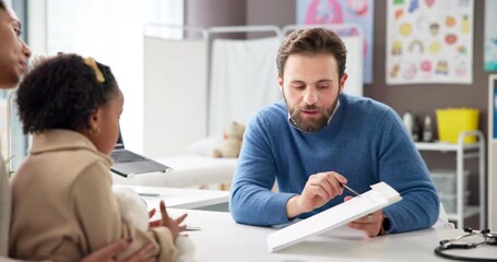 Mother, child and doctor with clipboard in clinic for test results, health insurance and checkup. Hospital, people and pediatrician with paperwork for patient treatment plan, medical help or feedback - Powered by Adobe