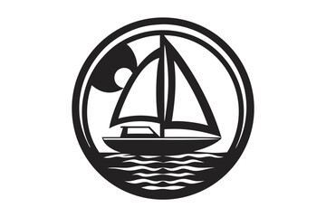 Silhouette Sailboat Sailing at Night on Wavy Sea within Double Ring