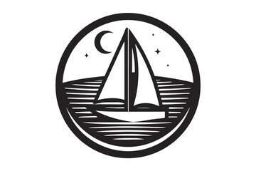 Minimalist Sailboat Icon, Crescent Moon, Stars, Ocean Waves in Circle,