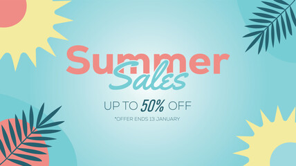 Obraz premium Flat Minimal Summer Sale Banner – Tropical Sun and Palm Leaves Discount Design