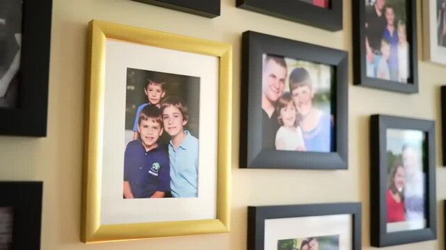 Family photos in black and gold frames on a beige wall