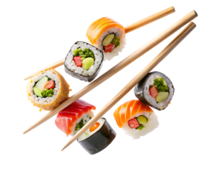 Chopsticks holding sushi flying in the air isolated on  white background ,PNG.AI Generated.