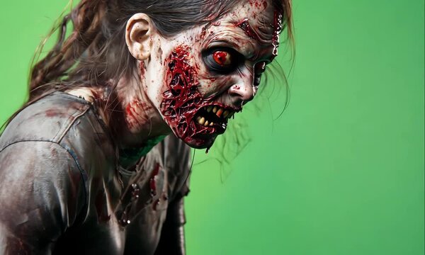 Terrifying Female Zombie Covered in Blood and Wounds Isolated on a Green Screen Background