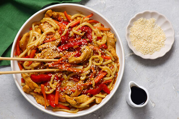Udon noodles with chicken, vegetables and teriyaki sauce
