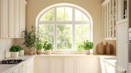 Bright kitchen with white cabinetry, arched window, and potted plants
