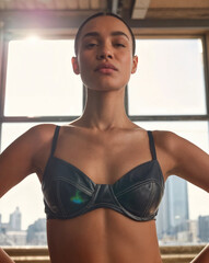 High Fashion Editorial Woman Portrait black bra Professional Model