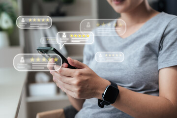 Close-up of a consumer browsing star ratings on a smartphone; floating review bubbles show research, social proof and trust before purchase, illustrating e-commerce decisions and marketing analytics