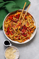 Udon noodles with chicken, vegetables and teriyaki sauce