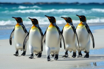 Fototapeta premium Seven penguins walking on white sandy beach with blue sea in the background, wildlife scene of tropical coastline, natural behavior of birds