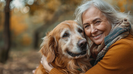 Mature Woman Cuddling Golden Retriever Dog Outdoors in Park Showing Senior Bond with Happy Pet