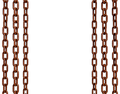 Dark, rusty chains hanging vertically, forming a spooky frame isolated on a black background.
