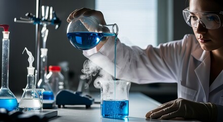 A scientist in a lab pours blue liquid from a flask into a beaker for conducting experiments and research.