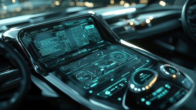 Futuristic car dashboard with interactive display, city lights in background