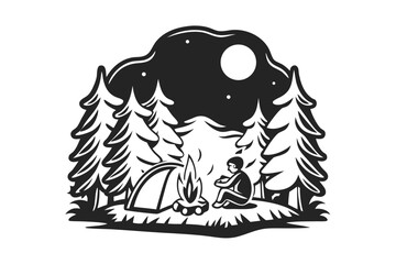 Silhouette of Camper by Bonfire with Tent and Pine Trees at Night, Full Moon