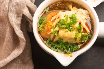 French Onion Soup with Baguette, Cheese and Parsley