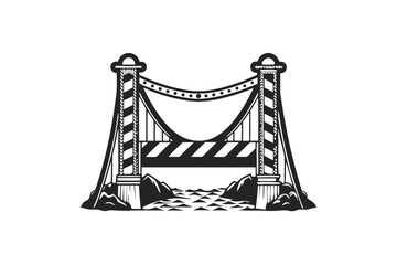 of Detailed Black and White Bridge with Water on White Background
