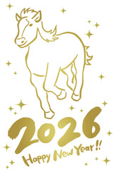 年賀状2026午年・金色の走る馬（縦）