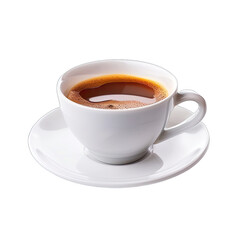 A full white coffee cup and saucer, filled with dark brown coffee