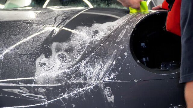 A car wrapping specialist applies a polyurethane film to the car. Detailer smoothes PPF. Car wrapping, detailing, tuning and styling. PPF protective film against chips and scratches. Car protection.
