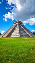 Mayan pyramid under a vibrant blue sky with fluffy white clouds, set against a lush green field