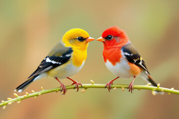 Fototapeta premium Vibrant Western Tanagers A Pair of Beautiful Birds Perched on a Branch Close Up Nature Photography Stunning Wildlife Portrait