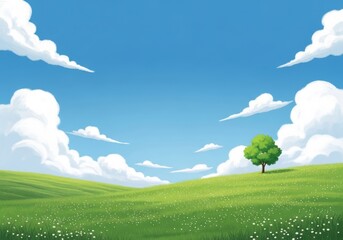 Fototapeta premium A vibrant green tree stands alone on a rolling hill under a bright blue sky filled with fluffy white clouds on a sunny day