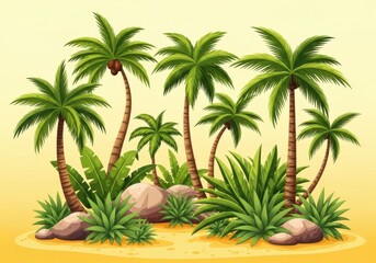 A vibrant illustration of a cluster of lush green palm trees and tropical plants on a sandy shore with rocks under a warm yellow sky