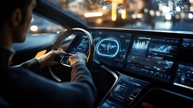 Futuristic car driver interacts with infotainment system at night in urban setting - Powered by Adobe